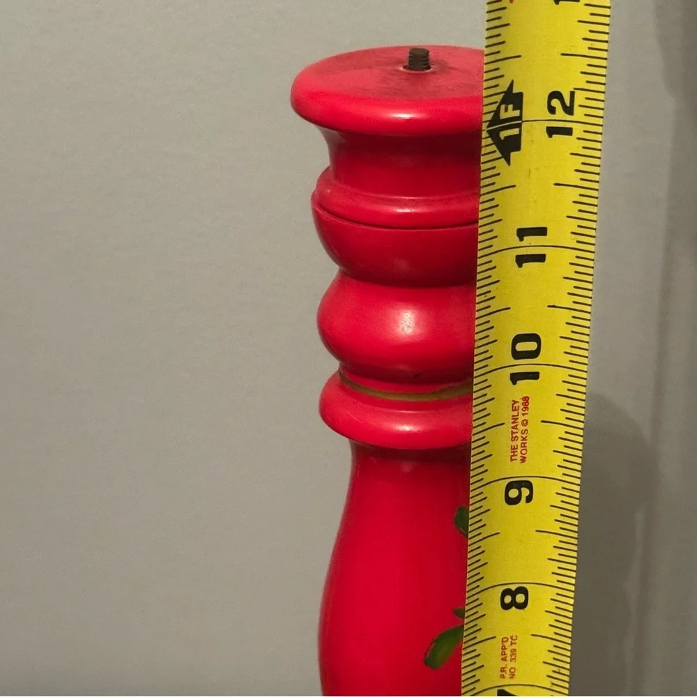 Vintage Tall Hand Painted Red Wooden‎ Pepper Mill Floral Folk Art Grinder